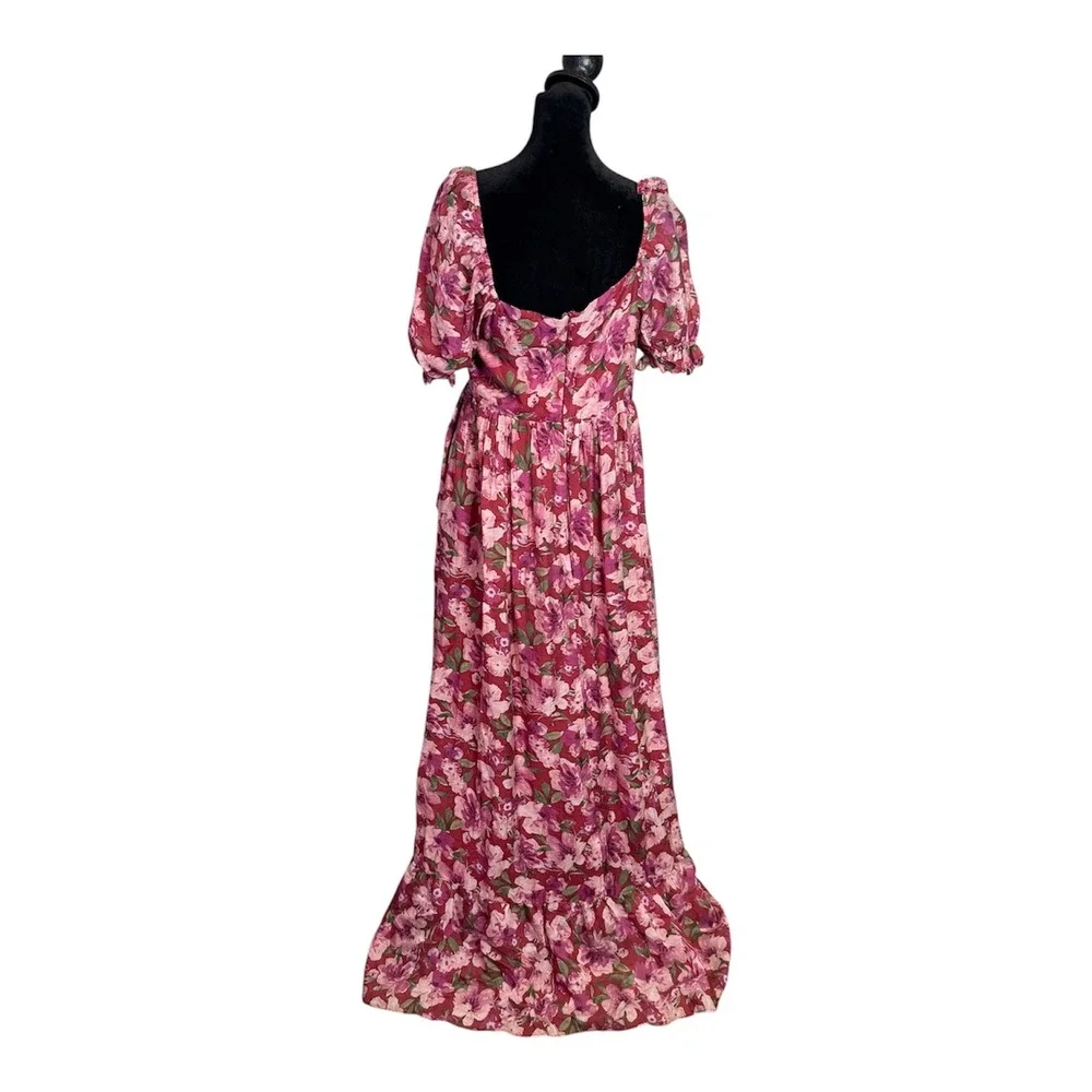 Floral Ruffle Maxi Dress Women L Sweetheart Neck Puff Sleeve Cottage Romantic